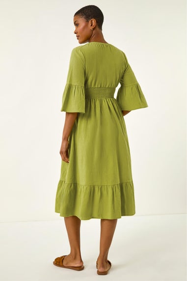 Roman Lime Linen Look Shirred Midi Dress