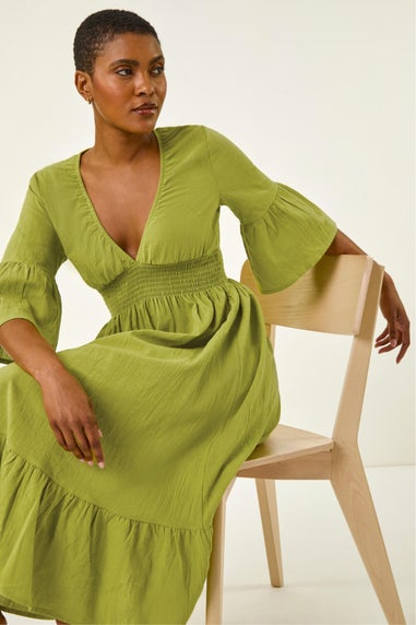 Roman Lime Linen Look Shirred Midi Dress