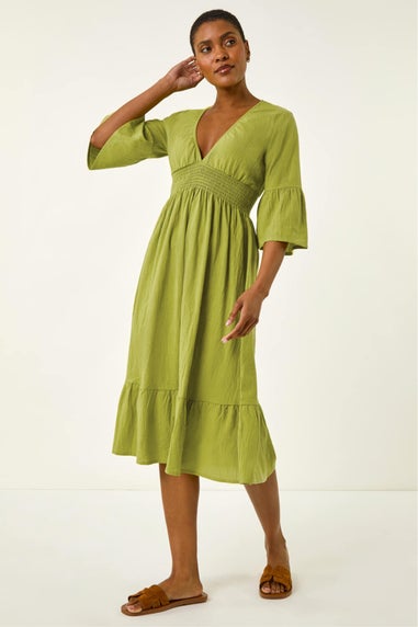 Roman Lime Linen Look Shirred Midi Dress