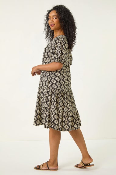 Roman Black Petite Geo Print Tiered Smock Dress
