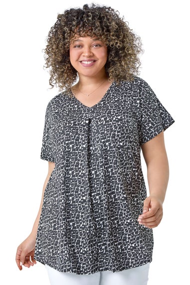Roman Black Curve Pleat Front Printed V-Neck Stretch Top