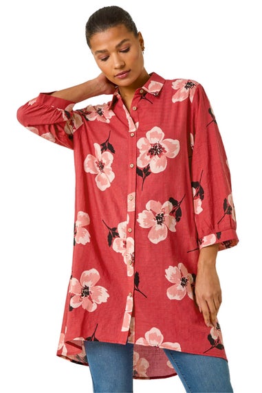 Roman Red Longline Floral Print Blouse