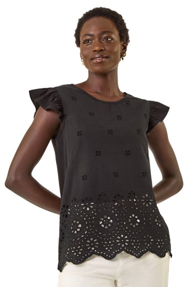 Roman Black Broderie Hem Stretch Top