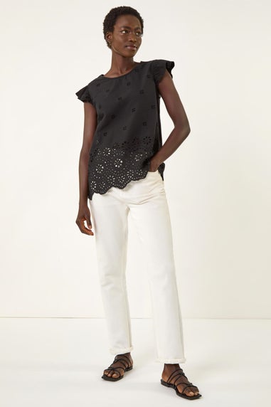Roman Black Broderie Hem Stretch Top