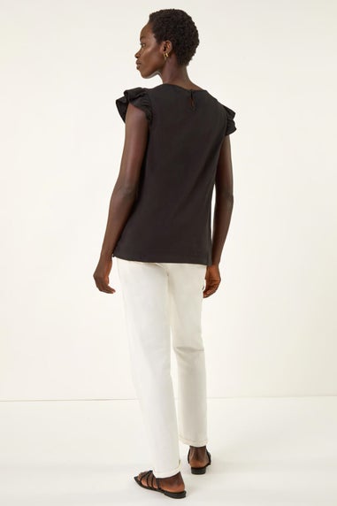 Roman Black Broderie Hem Stretch Top