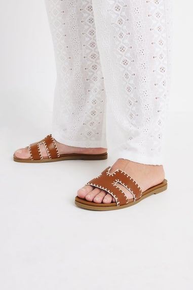 Yours Brown Faux Leather Stitched Mule Sandals In Extra Wide EEE Fit