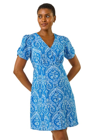 Roman Blue Daisy Print V-Neck Tea Dress