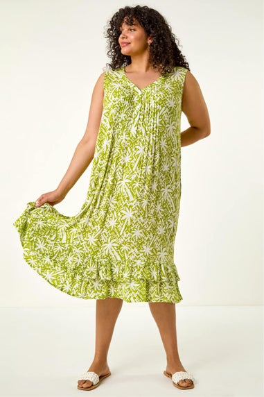 Roman Green Curve Palm Print Peated V-Neck Dress
