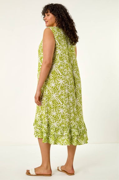 Roman Green Curve Palm Print Peated V-Neck Dress