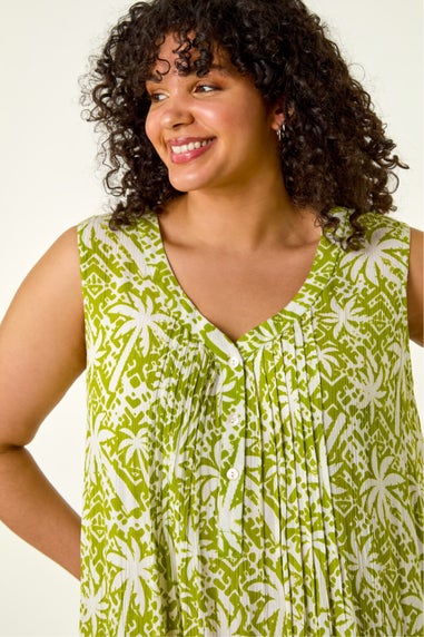 Roman Green Curve Palm Print Peated V-Neck Dress