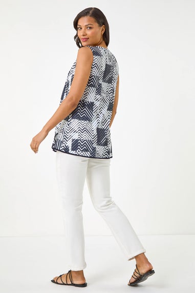 Roman Black Mono Print Hanky Hem Top