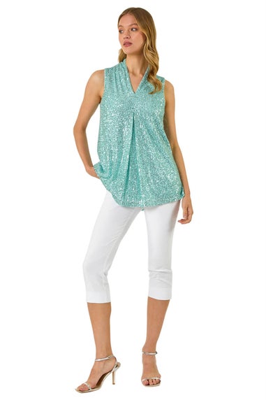 Roman Aqua Sequin Pleat Front Vest Top