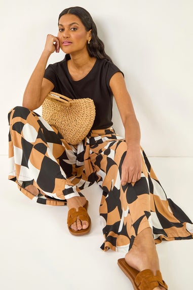Roman Camel Geometric Print Tie Waist Stretch Trouser