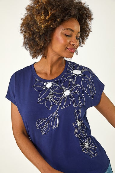 Roman Navy Hotfix Floral Stretch T-Shirt