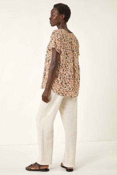 Roman Natural Animal Print V-Neck Pleat Front Top