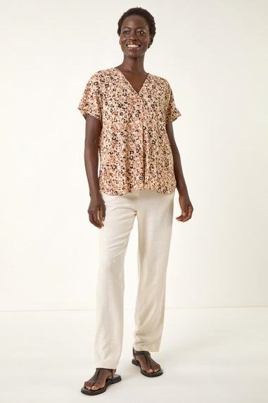 Roman Natural Animal Print V-Neck Pleat Front Top