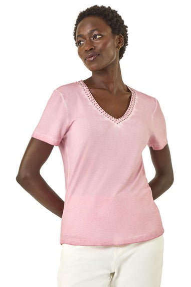 Roman Light Pink Bead Trim Detail V-Neck Top