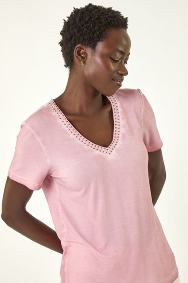 Roman Light Pink Bead Trim Detail V-Neck Top