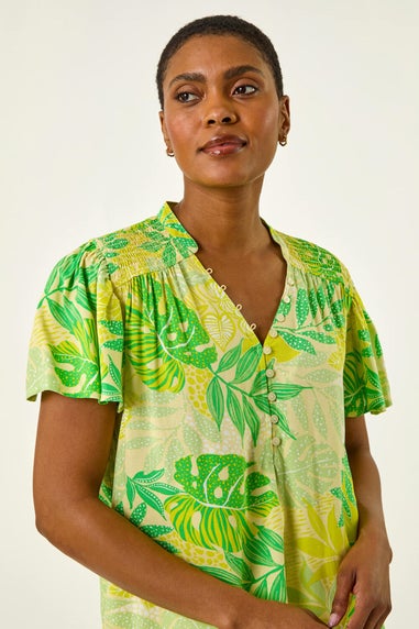 Roman Lime Leaf Print Shirred V-Neck Top