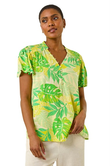 Roman Lime Leaf Print Shirred V-Neck Top