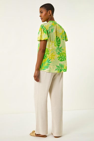 Roman Lime Leaf Print Shirred V-Neck Top