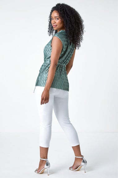 Roman Sage Petite Shimmer Pleat Detail Tie Top