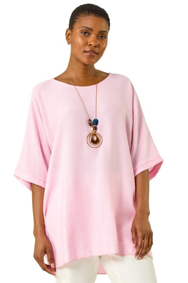 Roman Pink Plain Tunic Top with Necklace