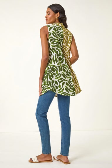 Roman Green Leaf Print Button Longline Shirt