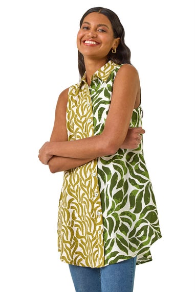 Roman Green Leaf Print Button Longline Shirt