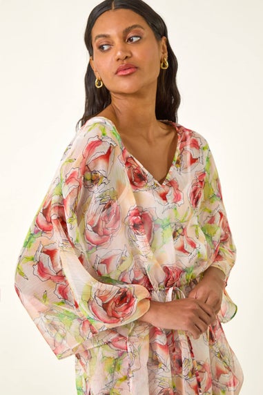 Roman Red Floral Print Kimono Top
