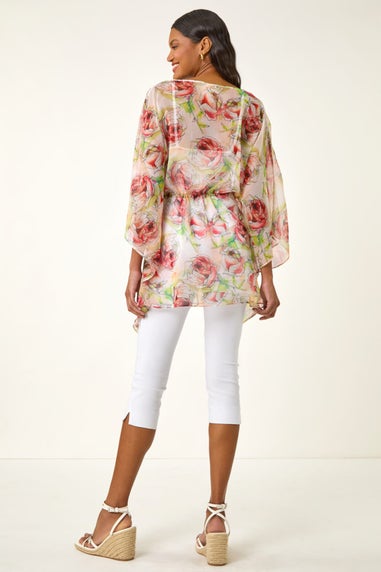 Roman Red Floral Print Kimono Top