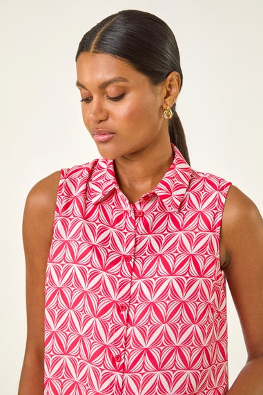 Roman Red Geo Border Print Button Blouse