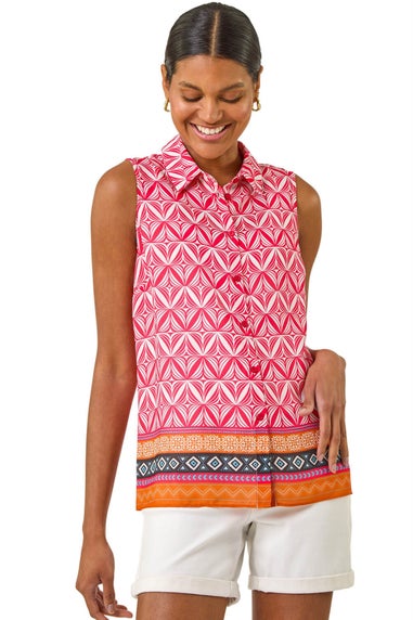 Roman Red Geo Border Print Button Blouse
