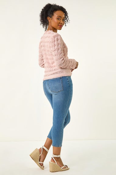 Roman Light Pink Petite Ruffle V-Neck Stretch Top