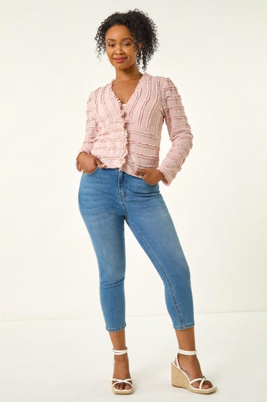 Roman Light Pink Petite Ruffle V-Neck Stretch Top