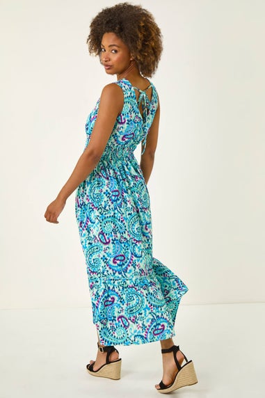 Roman Turquoise Paisley Print Shirred Maxi Dress