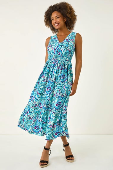 Roman Turquoise Paisley Print Shirred Maxi Dress