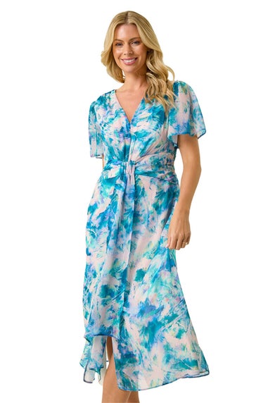 Roman Turquoise Petite Abstract Print Ruched Midi Dress