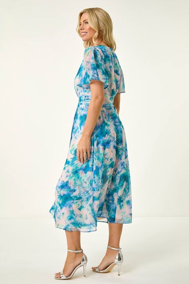 Roman Turquoise Petite Abstract Print Ruched Midi Dress