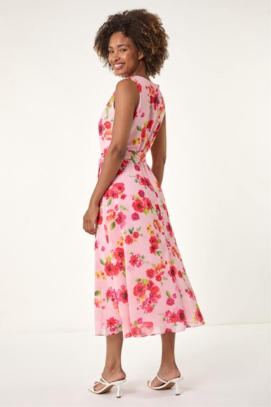 Roman Pink Floral Pleated Chiffon Midi Dress