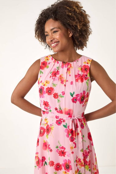 Roman Pink Floral Pleated Chiffon Midi Dress
