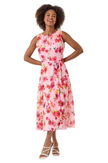 Roman Pink Floral Pleated Chiffon Midi Dress