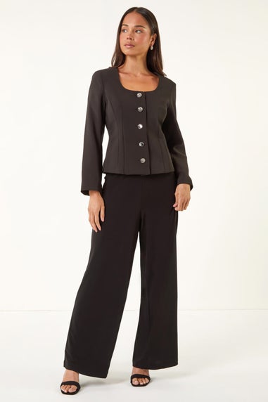 Roman Black Petite Scoop Neck Buttoned Jacket