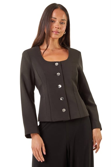 Roman Black Petite Scoop Neck Buttoned Jacket
