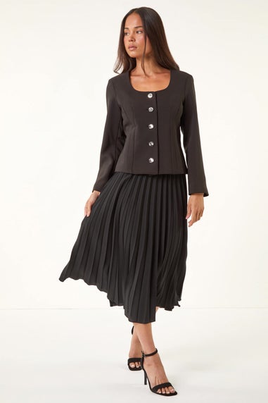 Roman Black Petite Scoop Neck Buttoned Jacket