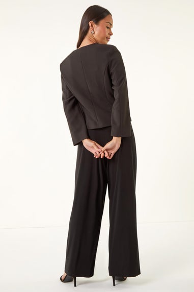 Roman Black Petite Scoop Neck Buttoned Jacket