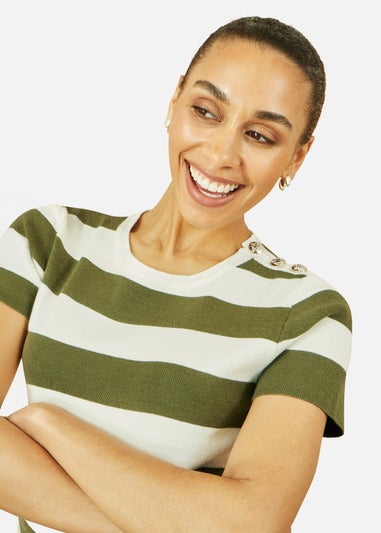 Yumi Green Block Stripe Knitted Top With Button Details