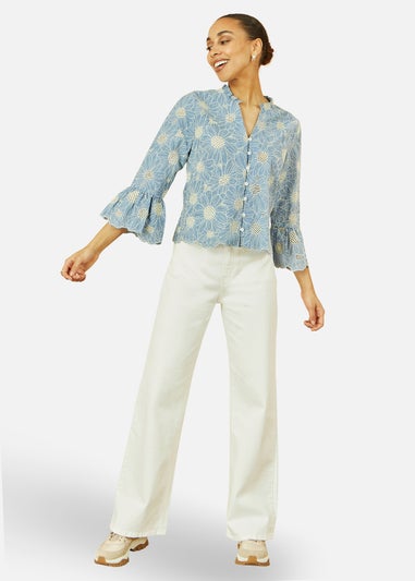 Yumi Blue Daisy Broderie Shirt With Fluted Sleeves
