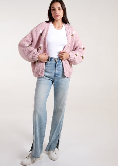 Blue Vanilla Pink Flower Embroidery Detailed Cardigan