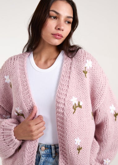 Blue Vanilla Pink Flower Embroidery Detailed Cardigan